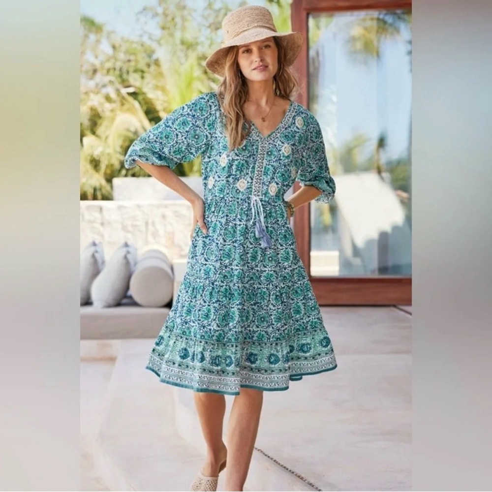 Soft Surroundings Teal and White Patterned Midi Dress